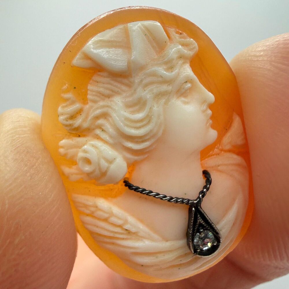 Signed Hand Carved Italian Shell Habill Cameo Genuine Diamond Necklace Loos View 6